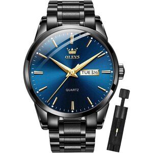 Olevs Men's Black With Blue Dail Stainless Steel with  Luminous Stylish Watch